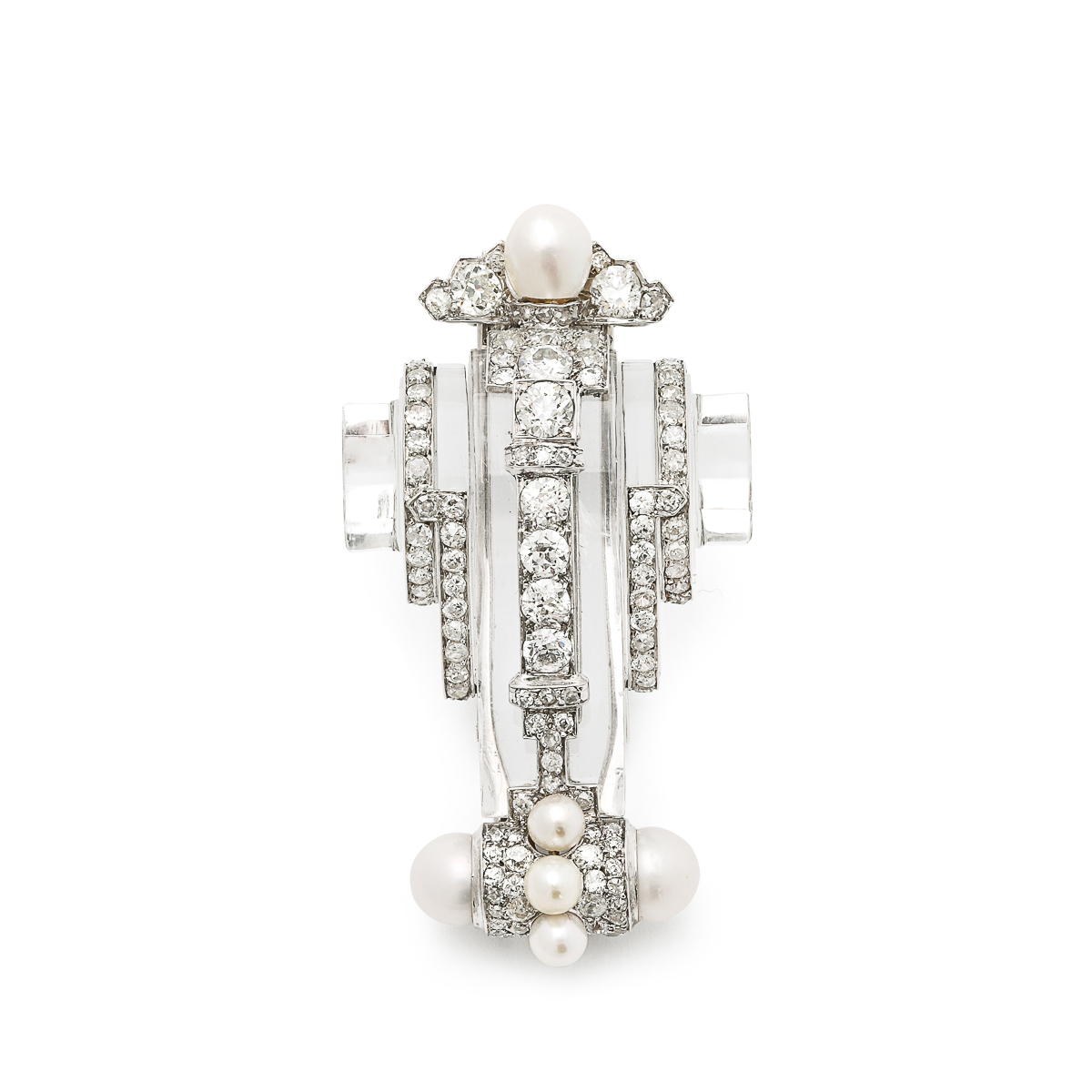 Art Deco rock crystal brooch set with diamonds and natural pearls