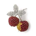 Ruby, diamond, and yellow diamond cherry brooch set in platinum and gold