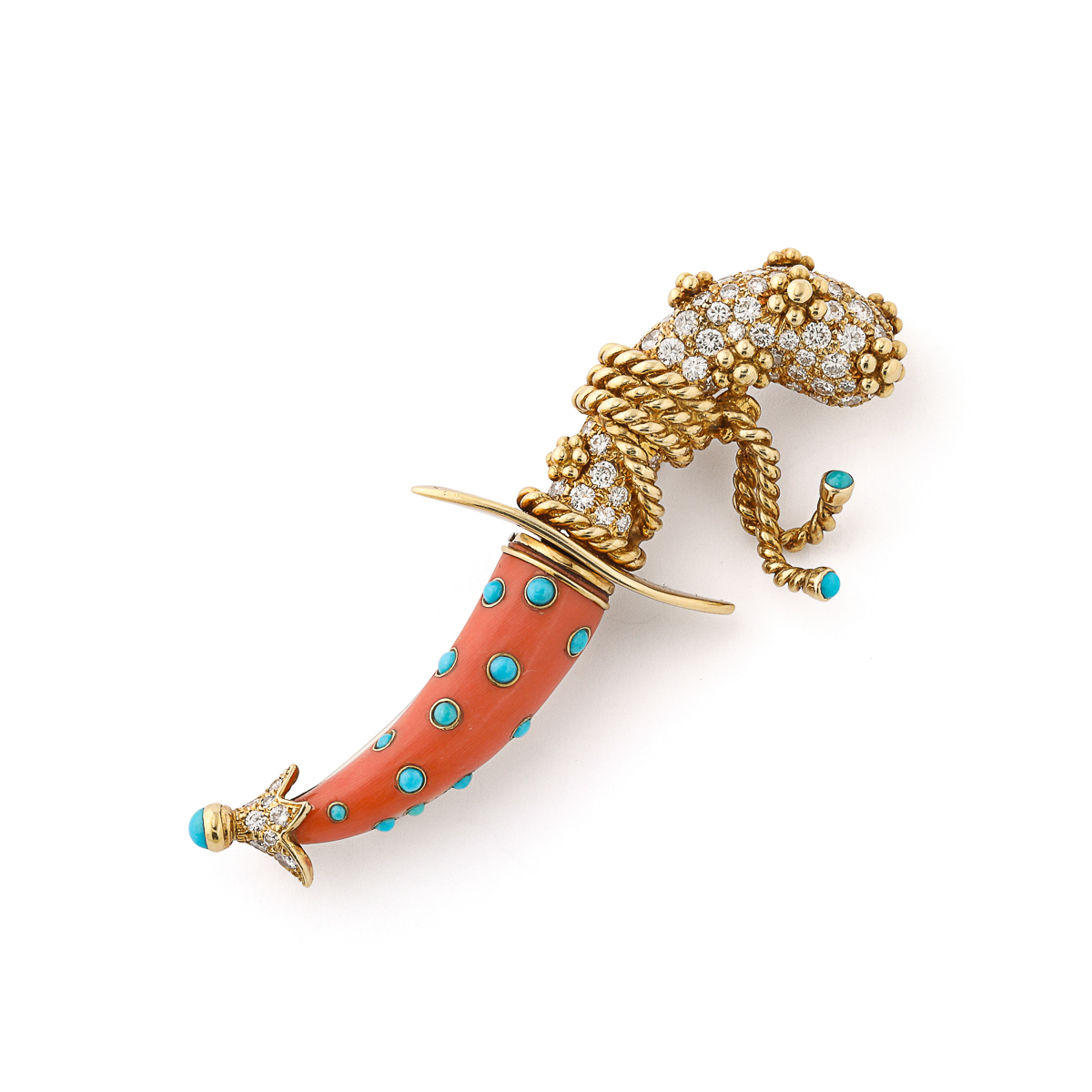 Pavé diamond dagger brooch set in 18k gold with red coral and cabochon turquoise scabbard