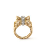 Gold bow-tie basketweave ring set with brilliant-cut diamonds in the center