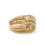 side view of gold and diamond basketweave ring