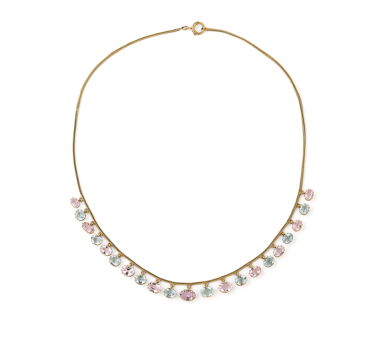 15k gold necklace decorated with a fringe of alternating cushion-cut aquamarines and pink topaz