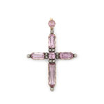 pink topaz cross pendant set with old mine diamonds on the edges and center