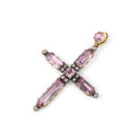 other view of pink topaz and diamond cross pendant