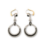 another view showing leverback style attachment of onyx and diamond hoop earrings