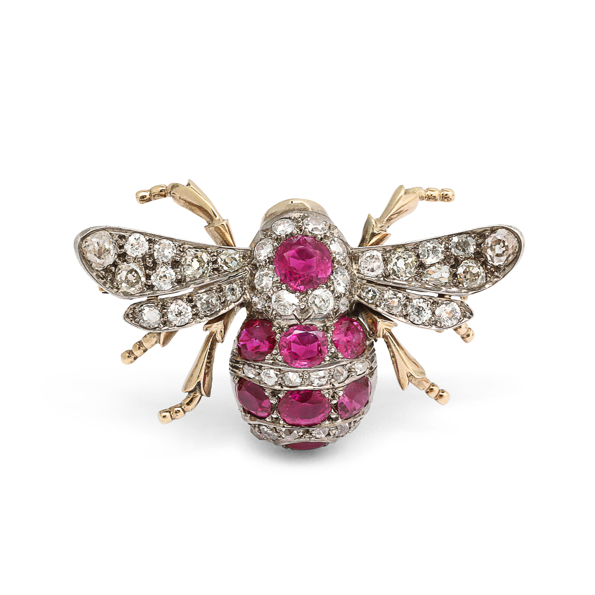 Ruby and old mine diamond bee brooch set in gold and platinum.