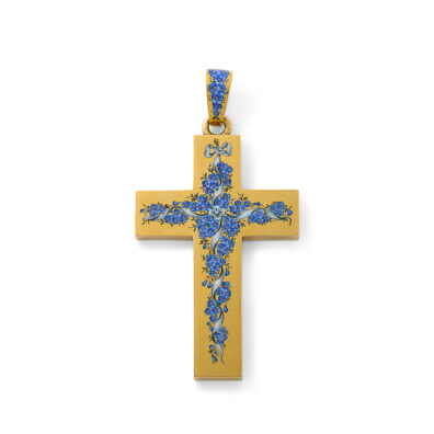 gold cross pendant set with blue enamel floral design