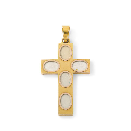 reverse of cross pendant showing five picture frames