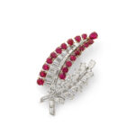 ruby and diamond stylized leaf brooch