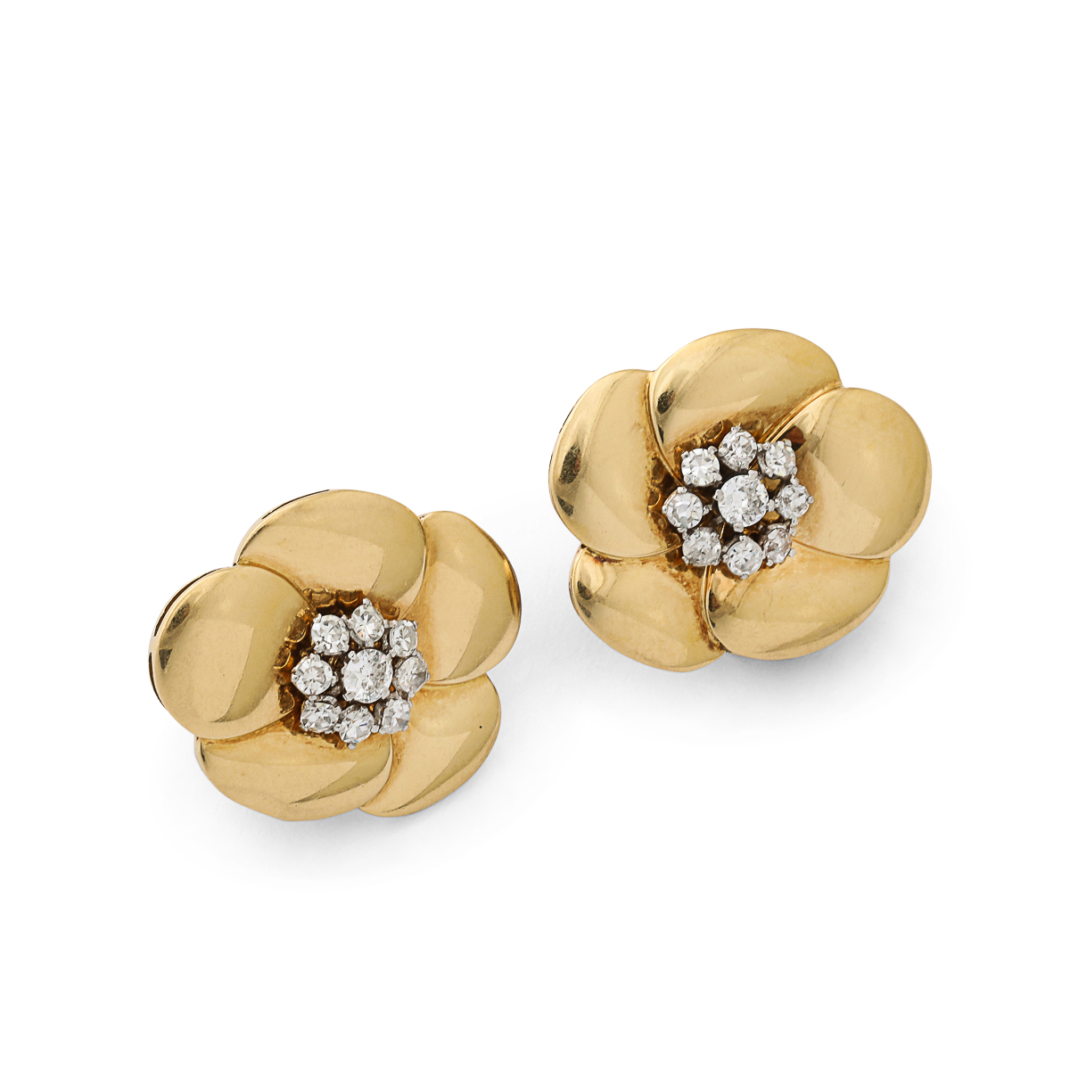 Gold five-petaled floral stud earrings set with a diamond cluster in the center