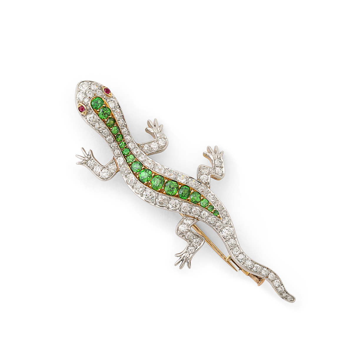 gold-mounted diamond and demantoid (green) garnet salamander brooch with ruby eyes