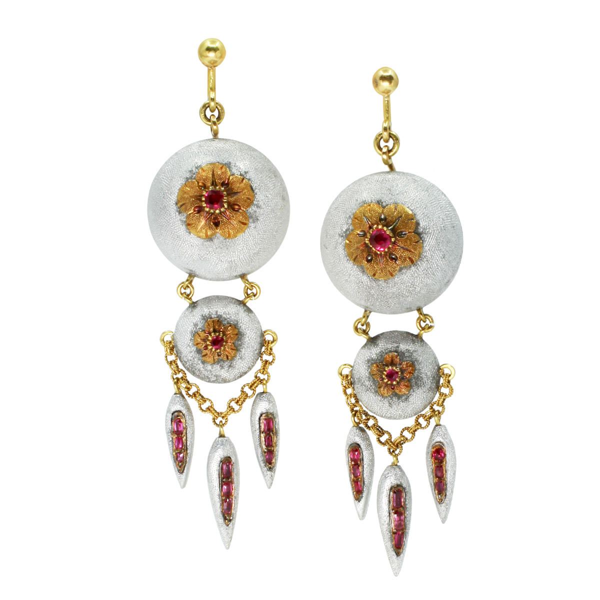 gold-mounted aluminum pendant earrings comprising two aluminum spheres, each set with a gold and ruby floral medallion. Aluminum and ruby fringe at the bottom.