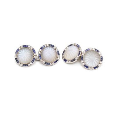 carved moonstone double cufflinks with diamond and sapphire border