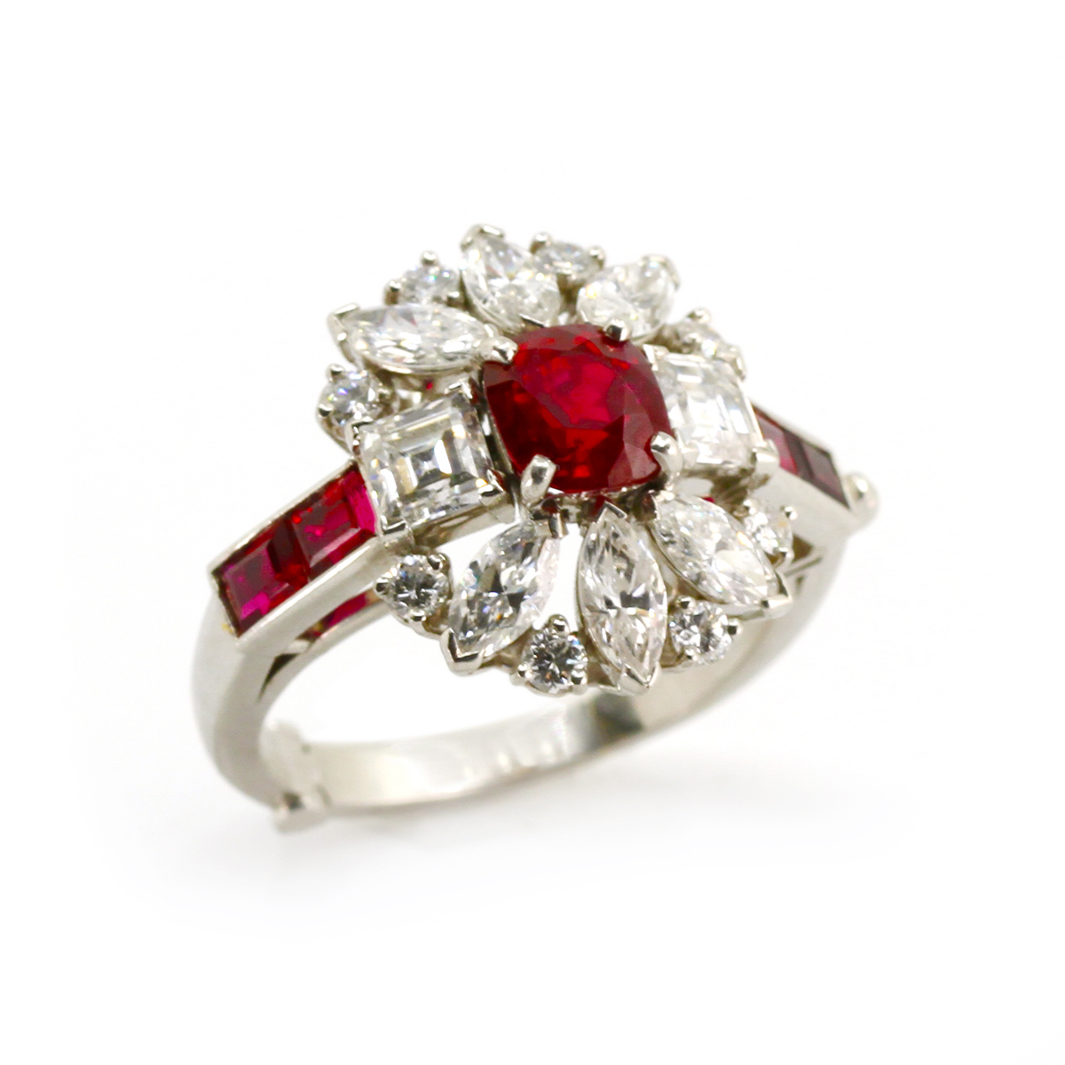 Burma ruby and diamond cluster ring set in platinum with square- cut ruby shoulders