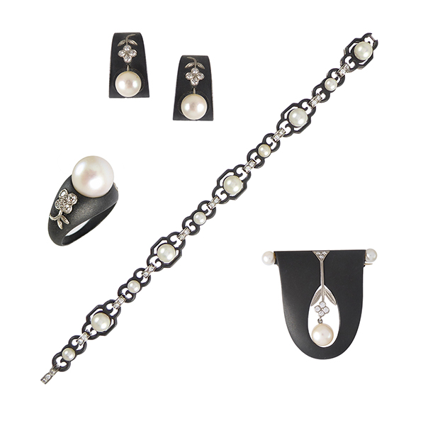 Blackened steel, diamond, and cultured pearl suite comprising earrings, ring, bracelet, and clip