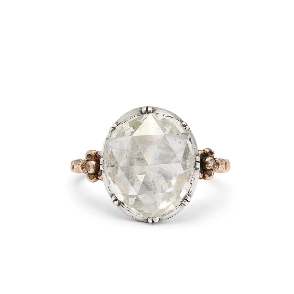 crown rose diamond ring set in silver with gold shank