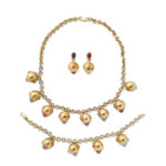 18k gold multi-colored gem-set necklace, bracelet, and earrings