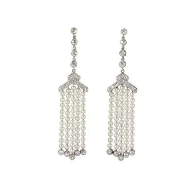 pearl and diamond tassel drop earrings