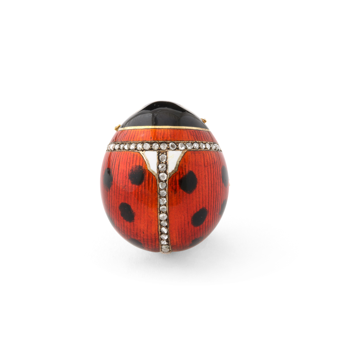 red and black enamel ladybug brooch set in gold with diamonds