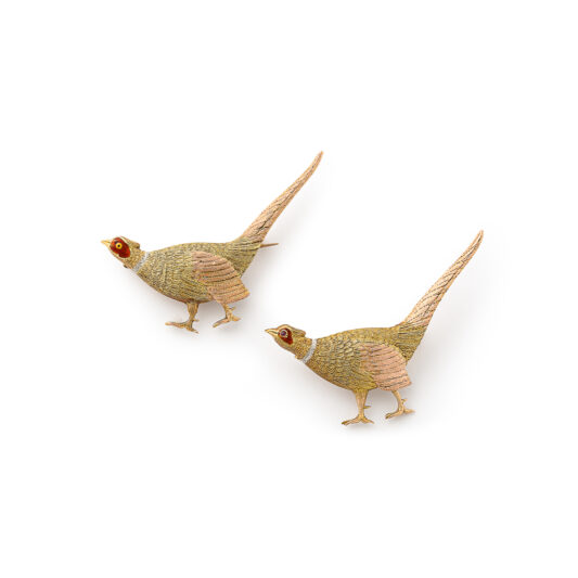 pair of two-color gold pheasant brooches